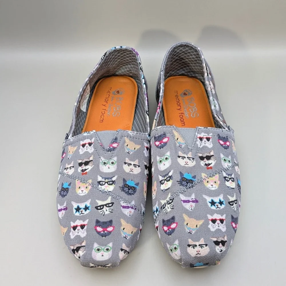 Skechers BOBS for Cats Gray Multi Glasses Cat Print Slip On Flats Womens 8.5